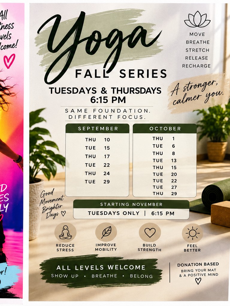 Yoga Fall Series — Tuesdays and Thursdays 6:15 PM, donation based, all levels welcome