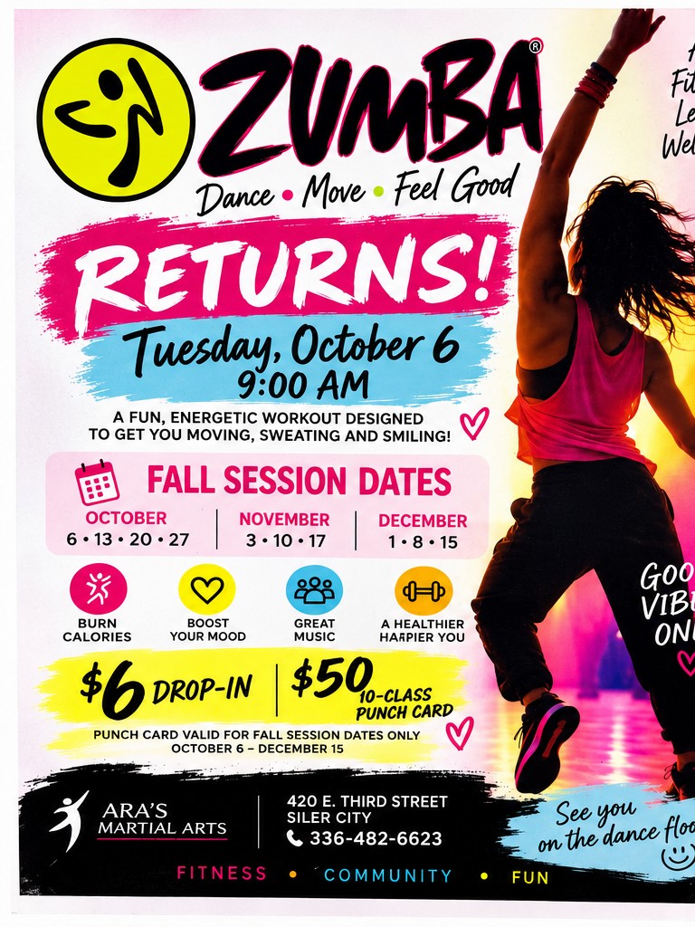 Zumba returns Tuesday, October 6 at 9:00 AM — $6 drop-in or $50 ten-class punch card