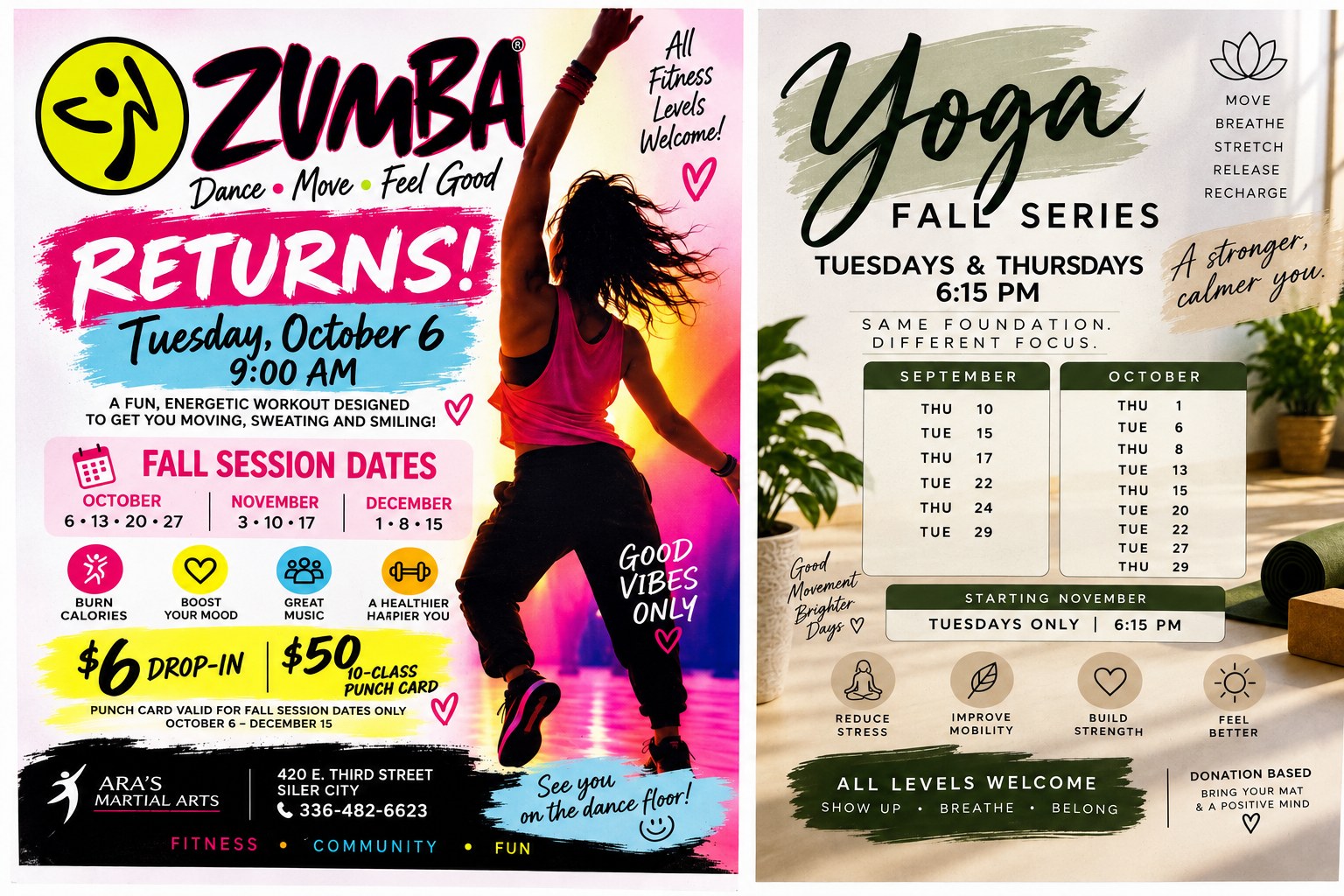 Zumba returns Tuesdays 9 AM starting October 6 — $6 drop-in, $50 punch card. Yoga Fall Series Tuesdays and Thursdays 6:15 PM, donation based.